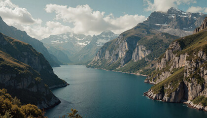 Breathtaking mountain lake surrounded by cliffs and lush greenery under a cloudy sky