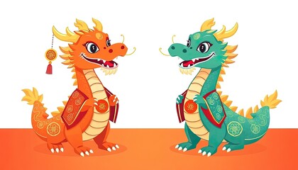 Obraz premium Dragon Celebrates Chinese New Year - New Year Card with Dragon - Chinese Dragon On The Wall - Dragon in Cheongsam