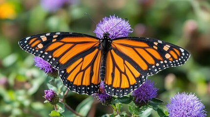 Fototapeta premium Monarch butterfly with open wings on purple flower.