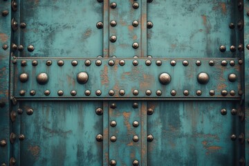 Fototapeta premium Textured Blue Metal Door with Rusty Rivets and Bolts Detail