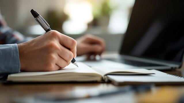 Close up of woman hand with a pen writing on notebook with laptop computer on office table. Business woman planning, making a note reminder. Student studying online, e-learning