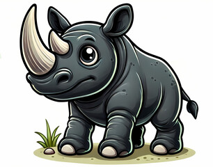 Adorable cartoon black rhinoceros with big eyes, standing on grass, showcasing a friendly expression.