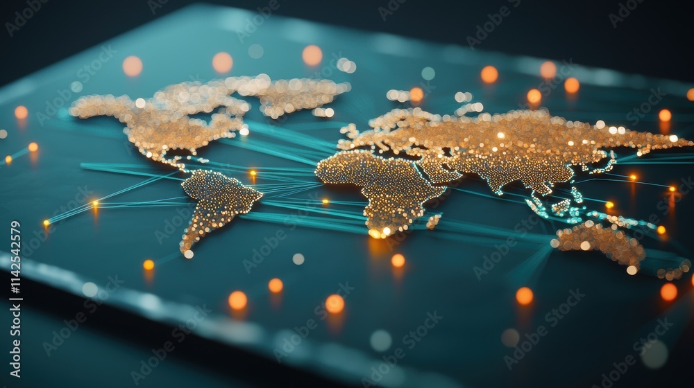 Poster a world map projected onto a dark surface with intricate glowing lines and pulsing nodes showcasing 