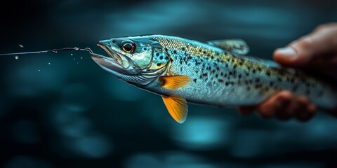 Naklejka premium A skillful angler proudly holds a colorful trout, showcasing the beauty of nature and sport