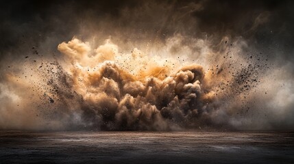 Brown-black dust powder explosion. The texture is abstract and splashes float. on a black background