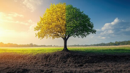 Obraz premium A stunning tree divided in colors, half yellow and half green, against a vibrant sky.