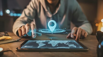 Hands interacting with a glowing map pin on a tablet with a world map
