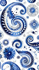 Intricate blue and white paisley pattern with floral elements, perfect for textile and design projects.