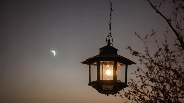 Lantern lights are hung on tree branches at night
