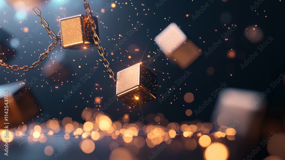 Poster a dark background with glowing cubes connected by chains, representing blockchain technology and dec