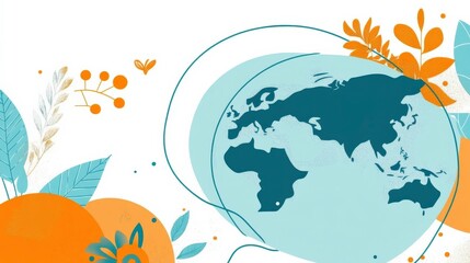 Obraz premium Vibrant World Map Illustration with Floral Elements and Decorative Shapes for Creative and Educational Purposes