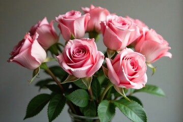 A vase filled with a bouquet of blooming pink fresh roses and greenery, blooming flower, botanical beauty,