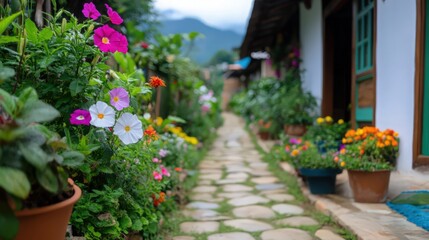 A path lined with colorful flowers and potted plants leads to a house