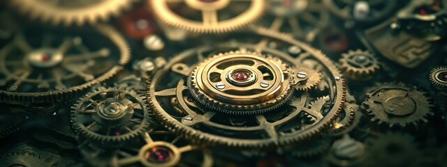 A close-up of intricate clockwork gears with jewels, showcasing craftsmanship and engineering.