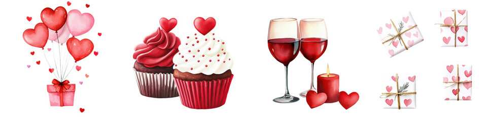 Valentine's Day Galentine gifts. Colorful Valentine's Day decorations featuring hearts, cupcakes, wine, and gifts.