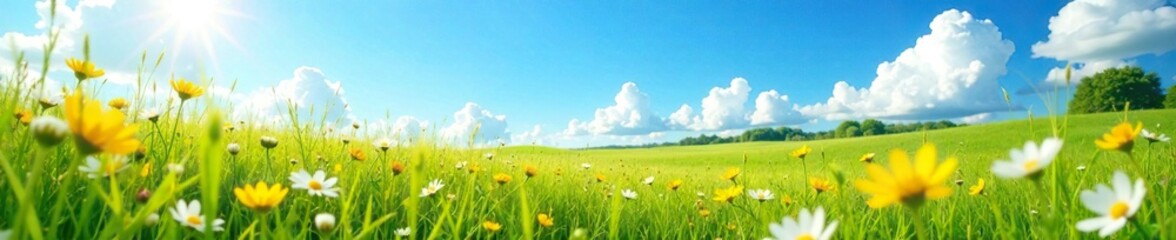 Fototapeta premium A vast expanse of sun-drenched grasses and wildflowers in a meadow under a sunny summer sky with a few puffy white clouds, summer landscape, blue sky