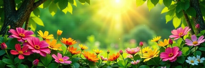 Fototapeta premium A vibrant garden with a radiant green sun shining down on the flowers, natural scenery, colorful flowers, garden atmosphere