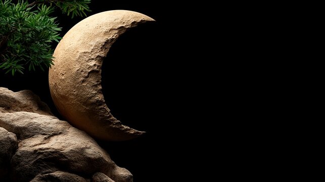 Crescent Moon in the Night: A crescent moon, illuminated by a soft light, rests on a rocky terrain against a dark backdrop. The moon's ethereal glow creates a sense of mystery and wonder.