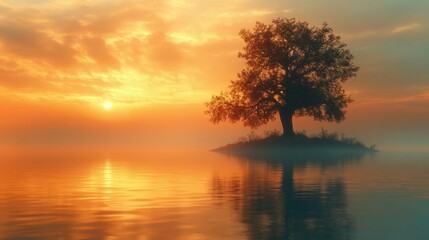 Serene sunset over a tranquil lake with a solitary tree silhouetted against vibrant colors.