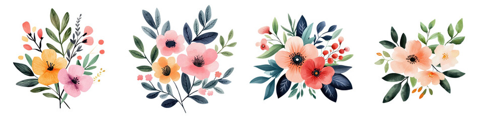 Fototapeta premium Valentine's Day Galentine gifts. Colorful floral arrangements with leaves on a black background, showcasing various blooms and styles.