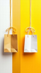 Two Hanging Shopping Bags on a Colorful Background