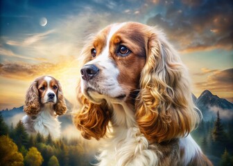 Double Exposure Cocker Spaniel: Brown & White Dog Photography, Artistic Pet Portrait, Surreal Canine Image