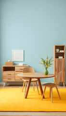 Modern wallpaper background in the room, wooden furniture table chair concept and cabinet, yellow carpet and green vase of plant, flat papercut style. isolated with white highlights