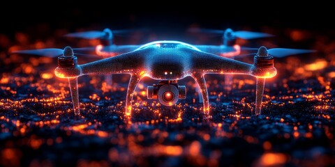 Obraz premium A vibrant drone hovers over an illuminated landscape, showcasing futuristic technology