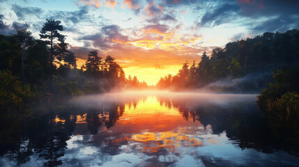 Obraz premium Serene sunrise over foggy river nature landscape scene reflective water tranquil environment artistic viewpoint