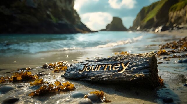 A rock with the word Journey carved into it sits on a beach