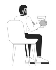Sitting chair african american businessman writing notes black and white 2D line character. Black male office worker paperwork signing isolated vector outline person. Monochromatic spot illustration