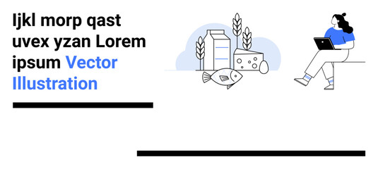 Person working on a laptop, food items including milk, cheese, fish, and grains. Ideal for work-life balance, agriculture, nutrition, technology, education, remote work, healthy lifestyle themes