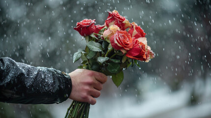 A young man's hand offers a bouquet of roses in the rain. Valentine's day,  on an isolated white background, object focused, png, stock image, hd quality,