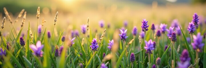 Obraz premium A wild grass field with hundreds of delicate purple flowers blooming in the wind, flower field, nature photography