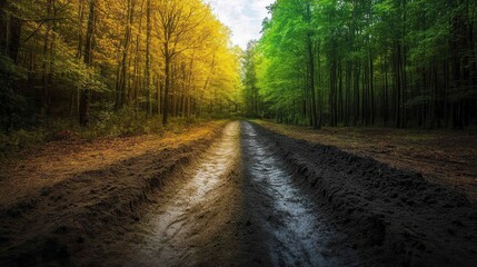 Fototapeta premium A forest path with vibrant autumn foliage on one side and lush green trees on the other.