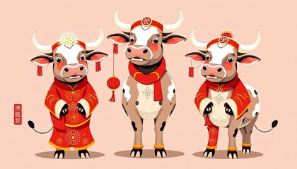 Cow Celebrates Chinese New Year - New Year Card with Cow - Chinese Cow On The Wall - Cow in Cheongsam
