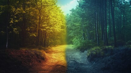 Naklejka premium A vivid split scene of a forest, showcasing autumn colors on one side and summer greens on the other.