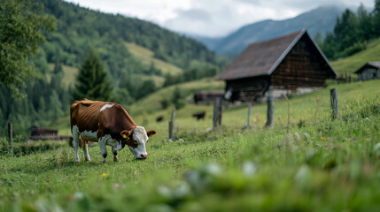 Naklejka premium The tranquil beauty of a cow peacefully grazing in a lush green pasture with a charming barn set against a backdrop of rolling hills and a serene natural landscape.
