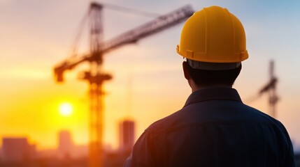 A construction worker wearing a yellow helmet stands in front of a large crane