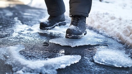 A pedestrian slipping on a black ice patch on a city sidewalk, highlighting the importance of winter safety precautions during freezing weather