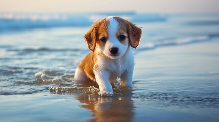 Playful puppy enjoys a sunny day at the beach, splashing in the gentle waves and soaking in the sun