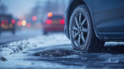 A car s tire struggling to gain traction on a freezing black ice patch, with a blurry traffic background highlighting winter road risks