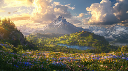 Fototapeta premium Dawn illuminates flowerstrewn hillside scenic landscape photography nature environment majestic viewpoint