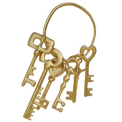 3D rendered fantasy golden keys isolated on transparent background