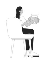 Sitting chair middle eastern female employee holding notes black and white 2D line character. Intern young adult arab woman paperwork isolated vector outline person. Monochromatic spot illustration