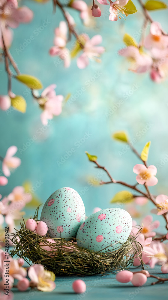 Poster light blue easter eggs with pink spots resting in a nest on a turquoise wooden table with pink flowe