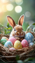 Adorable easter bunny nestled among vibrant eggs in a cozy nest, embodying the spirit of spring and celebration