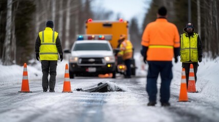 Emergency responders assisting a driver whose car skidded on black ice, with a tow truck and traffic cones marking the hazardous area