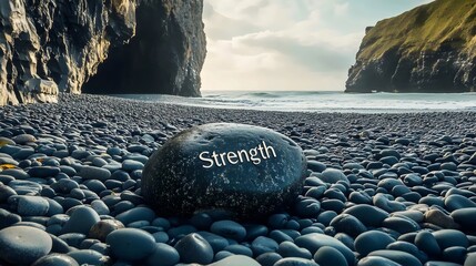 A rock with the word strength written on it is on a beach
