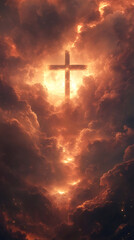 Fototapeta premium Glowing wooden cross in a dramatic, fiery cloudscape, representing hope and resurrection at easter